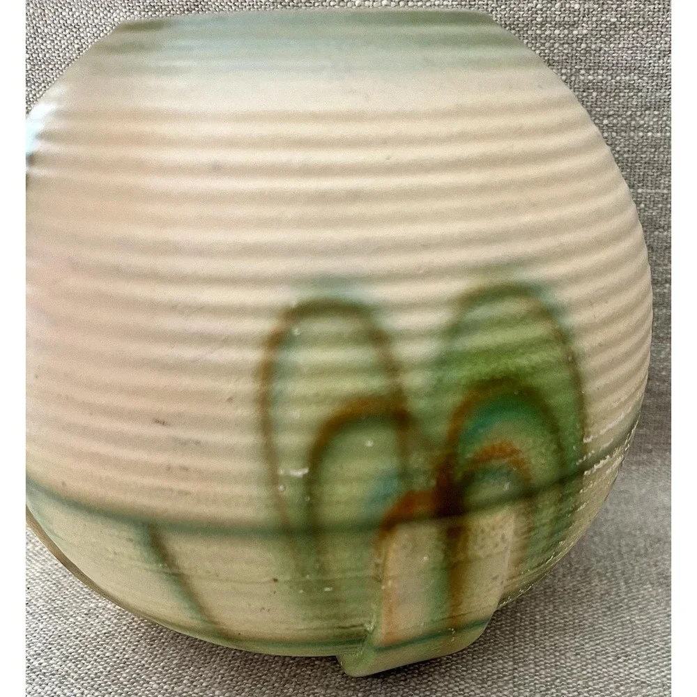 Antique German Art Pottery Ribbed Beehive Vase Green Cream Glaze Made in Germany